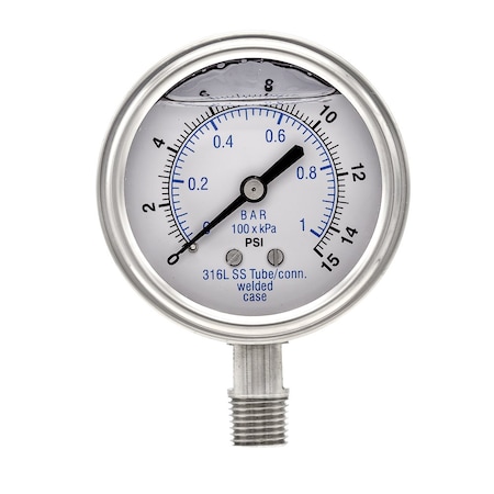 Pic Gauges 2 1/2 in Dial, 1/4 in NPT Male Lower Location, Stainless Steel Case Material PRO-301L-254B-01